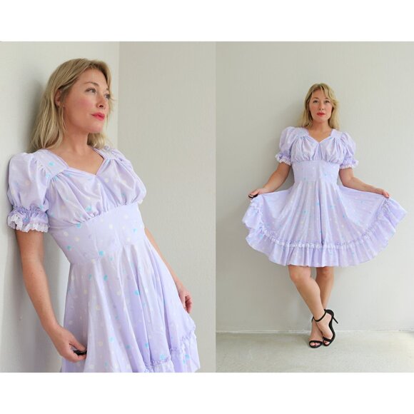 1970's Vintage Lavender Confetti Dot Western Dress ~ Women's Small Medium SM MD - Picture 1 of 10